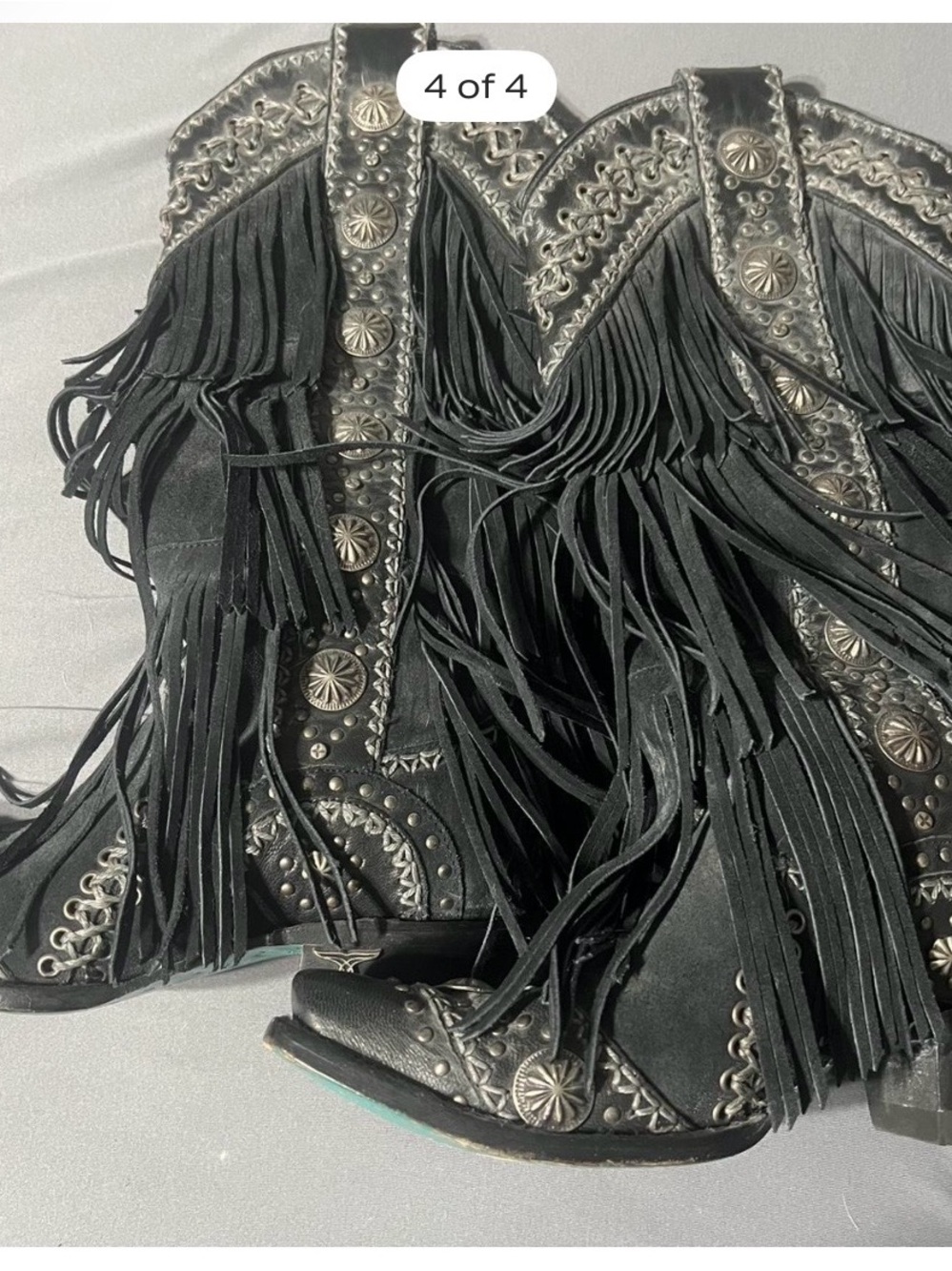 Fringed Black Suede Western Heeled Boots with Silver Stud Accents
